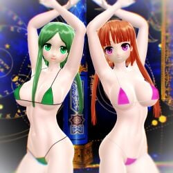 2025 2girls 3d armpits arms_up belly_button bikini blur blurry_foreground breasts brown_hair_female cleavage duo_female duo_focus green_bikini green_eyes_female green_hair_female hati_yukkuri_mmd hips human jpeg light-skinned_female long_hair looking_at_viewer mmd nishida_satono open_mouth pink_bikini pink_eyes_female smiling_at_viewer swimsuit teireida_mai touhou waist