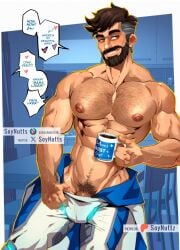 1boy abs beard brown_hair brown_pubic_hair chest_hair cup english_text facial_hair fantastic_four grin hairy highres holding holding_cup looking_at_viewer male_focus male_pubic_hair marvel marvel_rivals mature_male mature_man muscular muscular_male nipples patreon_logo patreon_username pectorals penis penis_peek pubic_hair reed_richards short_hair smile soynutts speech_bubble subscribestar_logo subscribestar_username topless_male twitter_username twitter_x_logo undressing watermark