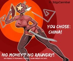 3dgycannibal asian china_(countryhumans) china_dress countryhumans countryhumans_girl katana panty_straps red_background star thigh_highs thighhighs we1rd_dude_style yellow_star