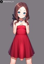 1girls ai_generated blue_eyes blush brown_hair easyhorny_ai fate/grand_order fate_(series) futanari hands_on_own_chest leonardo_da_vinci_(rider)_(fate) luxury necklace no_panties penis penis_under_clothes penis_under_skirt petite red_dress smile text tip_peeking watermark