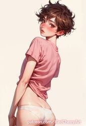 1boy ai_generated ass brown_hair cute femboy feminine_male from_back panties redcherryart solo standing t-shirt tomboy