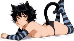 ai_generated ass bankonit black_hair blush breast_press cat_ears cat_tail catgirl chin_rest cleavage detached_sleeves freckles freckles_on_breasts freckles_on_face freckles_on_shoulders looking_at_viewer lying lying_on_stomach medium_breasts midriff mostly_nude navel panties short_hair smile solo stable_diffusion striped_clothing striped_legwear tail thighhighs thighs topless yellow_eyes