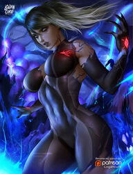 big_breasts blonde_hair bodysuit breasts cleavage dark_samus female female_only large_breasts logan_cure long_fingernails metroid nintendo ripped_clothing samus_aran solo zero_suit zero_suit_samus