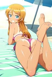 1girl anklet ass back back_view bare_back bare_shoulders barefoot beach bikini blonde_hair blue_eyes blush feet feet_up female foot_fetish happy kirino_kosaka lying lying_on_stomach on_stomach open_smile ore_no_imouto_ga_konna_ni_kawaii_wake_ga_nai pink_bikini relaxing sea shiny_body smile smiling smiling_at_viewer sunbathing sweat sweaty_body tan_body tan_skin tanline tanned_girl teasing teenage_girl the_pose thong thong_bikini toe_ring toes tsundere water