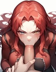 ai_assisted ai_generated angry blowjob blowjob_face bodysuit gebura_(lobotomy_corporation) gray_eyes heterochromia long_hair oral oral_sex red_hair red_jacket scar_on_face sex tears yellow_eyes