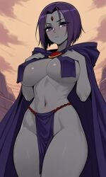 ai_generated big_breasts dc_comics female female_focus goth goth_girl legs loincloth pale_skin pelvic_curtain raven_(dc) rcos solo solo_female solo_focus teen_titans thighs