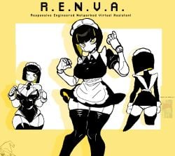 black_hair bunnysuit character_sheet maid maid_headdress maid_uniform monmaamn original renva_(monam) robot robot_girl robot_joints short_hair yellow_eyes