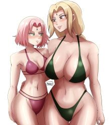 2girls adult_and_teenager age_difference angelox27 annoyed annoyed_expression bikini blonde_hair blush breast_envy breast_size_difference breasts brown_eyes busty cleavage compact_body comparing comparing_breasts curvaceous fat_breasts flat_belly forehead_mark green_eyes height_difference high_resolution huge_breasts jealous looking_at_another looking_at_breasts looking_at_partner medium_breasts mother_daughter_boob_envy_(meme) multiple_girls naruto naruto_(series) naruto_shippuden navel older_female older_woman_and_teenage_girl petite pink_hair plain_background sakura_haruno simple_background size_difference small_breasts swimsuit teacher_and_student tsunade twintails voluptuous watermark white_background younger_female