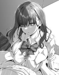 1boy 1girls absurd_res bangs belko big_breasts bowtie breasts dated female female_focus hi_res long_hair monochrome original original_character paizuri school_uniform twitter_username