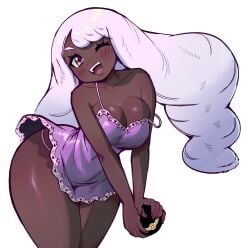 1girls alternate_costume bare_legs breasts camisole chemise cleavage commentary curvy dark-skinned_female dark_skin eduedude eyeshadow female female_only highres holding jacinthe_(pokemon) large_breasts leaning_forward lipstick long_hair looking_at_viewer low_drills makeup nintendo open_mouth panties panty_peek pokemon pokemon_legends:_z-a purple_camisole purple_chemise purple_eyes purple_eyeshadow purple_hair purple_lips purple_panties simple_background sleepwear smile solo strap_slip teeth underwear upper_teeth_only v_arms very_dark_skin wide_hips yukari_(pokemon)