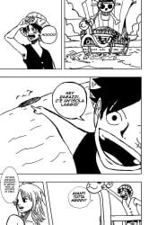 1boy1girl black_and_white clothing comic dialogue doujinshi female going_merry male monkey_d_luffy nami one_piece tex text