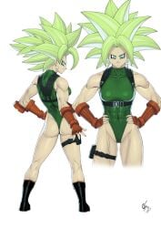 abs ass blue_eyes boots cammy_white_(cosplay) dragon_ball dragon_ball_super earrings female fingerless_gloves green_hair kefla leg_strap leotard pouch somegfguy