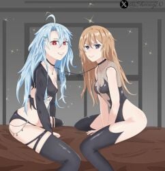 1girls 2girls blanc blanc_(neptunia) blue_hair brown_hair choujigen_game_neptune collar fashion female girl jewelry legs lips long_hair medium_breasts naked neptune_(series) neptunia_(series) nipples nipples_visible_through_clothing red_eyes sexy sheong_wong thick_thighs white_heart white_heart_(neptunia) young