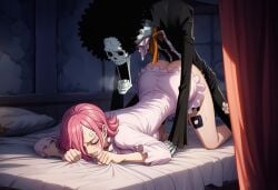 1boy 1girls accurate_art_style age_difference ai_generated angry angry_face ass ass_focus big_ass big_breasts blush brook_(one_piece) clothed clothed_sex clothing doggy_style erect_nipples female hourglass_figure lips missionary_position monster one_piece pink_hair plump plump_lips raped raped_by_monster sex size_difference skeleton tattoo tattoo_on_legs vinsmoke_reiju wide_hips