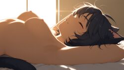 ai_generated arms_up bankonit black_hair breasts cat_ears cat_tail catgirl closed_eyes day freckles freckles_on_face in_bed indoors lying_on_back medium_breasts nipples nude parted_lips short_hair smile solo stable_diffusion sunrise topless window