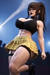 1girls 3d 3d_(artwork) abs ai_generated big_ass big_breasts black_lips black_lipstick black_shirt boob_window brown_hair brown_hair busty cleavage cleavage_cutout crop_top garter_belt garter_straps glasses goth goth_girl long_hair low-angle_view madz(oc) plaid_skirt pleated_skirt ponytail radnsad short_skirt sidelocks solo solo_female solo_focus thick_thighs under_view viewed_from_below yellow_skirt