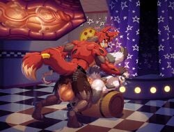 absurd_res anal animatronic anthro balls barrel bent_over bondage bondage bound caesar_zealad_(character) canid canine duo five_nights_at_freddy's floor food fox foxy_(fnaf) fur genitals grey_body grey_fur hi_res hook internal kiddie_jukes knotting looking_pleasured machine male male/male mammal piercing pizza procyonid raccoon red_body red_fur robot scottgames size_difference sound_effects stage stage_lights stomach_bulge tail text tile tile_floor tongue tongue_out