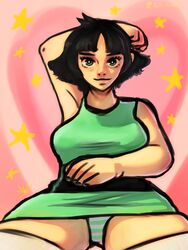 big_breasts black_nails buttercup_(powerpuff_girls) eyelashes fully_clothed green_eyes ishihara_art looking_at_viewer powerpuff_girls short_hair thick_thighs upskirt