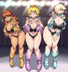 3girls big_breasts blonde_hair blowing_kiss boots breasts brown_hair busty captain_kirb cleavage cosplay crop_top crown dead_or_alive dead_or_alive_2 ear_piercing earrings female female_only flower_earrings hair_over_one_eye height_difference huge_breasts indoors large_breasts looking_at_viewer mario_(series) piercing png princess_daisy princess_peach princess_rosalina royalty shorts tassel thick_thighs tina_armstrong_(cosplay) vest wide_hips wink winking_at_viewer wrestling_ring