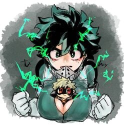 1girls bakugou_katsuki boku_no_hero_academia busty busty_female cleavage female female_deku female_focus female_only fighting_stance genderswap_(mtf) green_eyes green_hair izuku_midoriya katsuki_bakugou midoriya_izuku miniboy mrtm0102 my_hero_academia rule_63 short_hair short_hair_female