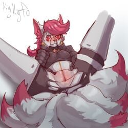 1:1 absurd_res anthro ass blush bodily_fluids bottomless bottomwear breasts canid canine clothed clothing digital_media_(artwork) epic_games female fortnite fox fur genital_fluids genitals hair heart_symbol hi_res kimiko_(fortnite) kimiko_five-tails kykyro looking_at_viewer mammal multicolored_body pink_hair presenting pussy simple_background smile solo spread_legs spreading tail topwear torn_bottomwear torn_clothing two_tone_body vulva white_body white_fur