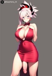 1girls ai_generated blue_eyes blush blush dress earrings easyhorny_ai fate/grand_order fate_(series) flaccid_penis futanari grey_background hands_on_chest hanging_penis huge_breasts luxury miyamoto_musashi_(fate) no_bra no_panties penis penis_under_clothes penis_under_skirt pink_hair smile text watermark