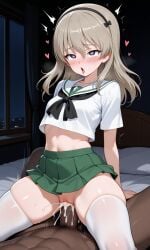 1boy 1girls ahe_gao ai_generated bed bedroom blush brown_arms brown_fingers brown_hands brown_legs cowgirl_position cum cum_in_pussy cum_inside dark-skinned_male floating_heart girls_und_panzer heart-shaped_pupils interracial midriff miniskirt motion_lines no_panties ooarai_school_uniform penis petite pussy school_uniform serafuku sex shimada_arisu skirt symbol-shaped_pupils thick_thighs thighhighs tongue tongue_out vaginal_penetration