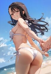 3girls ai-generated ass back bare_shoulders beach bikini bikini_bottom_only bird black_hair blue_sky blush breasts brown_eyes closed_mouth cloud cloudy_sky cowboy_shot dark_skin day female floating_hair frilled_bikini frills from_behind grin hair_ornament hairclip halterneck highres horizon ijiranaide_nagatoro-san large_breasts long_hair looking_at_viewer looking_back medium_breasts multiple_girls nagatoro_hayase navel non-web_source ocean open_mouth outdoors pointing red_eyes sand side-tie_bikini_bottom side-tie_clothing side-tie_swimsuit sideboob sky smile solo_focus standing string_bikini swimsuit tan tanlines teeth thighs water white_bikini