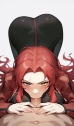 ai_assisted ai_generated angry ass bending_over blowjob blowjob_face bodysuit gebura_(lobotomy_corporation) gray_eyes heterochromia long_hair oral oral_sex red_hair red_jacket scar_on_face sex yellow_eyes