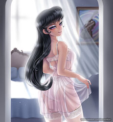 1girls ass bedroom_eyes black_hair bra breasts female female_only friendship_is_magic garter_belt garter_straps human humanized legwear lingerie long_hair looking_at_viewer looking_back my_little_pony octavia_melody panties purple_eyes racoonkun see-through sideboob solo standing thighhighs thighs