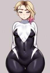 ai_generated ass blonde_hair breasts gigantic_ass grey_impact_(style) gwen_stacy hips lubbasdump skintight small_breasts spider-gwen tight_clothing wide_hips