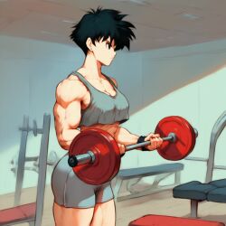 1girls ai_generated black_hair crop_top dragon_ball dragon_ball_z fit fit_female gloves gym gym_clothes gym_shorts gym_uniform muscles muscular muscular_female short_hair shorts videl weightlifting