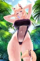 ahoge animal_ears armpits arms_behind_head arms_up ass_visible_through_thighs bangs black_swimsuit blonde_hair blue_sky blurry blurry_background blush breasts closed_mouth covered_navel covered_nipples day depth_of_field eyebrows_visible_through_hair female groin highleg highleg_swimsuit large_breasts long_hair looking_at_viewer one-piece_swimsuit outdoors palm_tree pool red_eyes sky smile solo squchan_(vtuber) standing swimsuit tongue tongue_out tree virtual_youtuber vyugen water wet