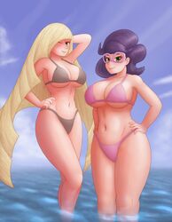 2girls abs aether_foundation alternative_hairstyle beach belly big_ass big_breasts bikini blonde_hair blue_sky cleavage clouds creatures_(company) daytime female female_only glasses green_eyes grey_bikini hand_on_hair hand_on_hip huge_breasts human large_breasts long_hair looking_at_viewer lusamine_(pokemon) midriff milf mother navel nintendo pale-skinned_female pink_bikini pink_glasses pokemon pokemon_sm purple_hair saf-404 safartwoks safartworks seaside smile solo thick_female thick_thighs underboob very_long_hair video_game_character wicke_(pokemon) wide_hips wink