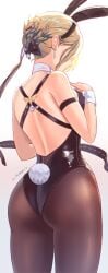 alternate_costume ass ass_focus bare_shoulders blonde_hair bow breasts embarrassed evelyn_chevalier female from_behind hair_bun hair_ribbon hairbow large_breasts leotard mitsukayurie pantyhose playboy_bunny rabbit_ears rabbit_tail ribbon short_hair_with_long_locks sideboob solo tail wrist_cuffs zenless_zone_zero