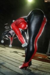 1girl 3d 3d_model artist_name artist_signature ass ass_focus batman:_arkham_knight batman_(series) big_ass big_breasts blender breasts butt_focus clothed clothing dc dc_comics dialogue english_text female female_only footwear fully_clothed harley_quinn harley_quinn_(classic) hi_res high_heels high_resolution highres jester jester_hat large_ass large_breasts leaning leaning_forward looking_at_viewer looking_back makeup showing_off showing_off_ass smitty34 solo solo_female stretching talking talking_to_viewer text thick_ass thick_thighs tight_clothing