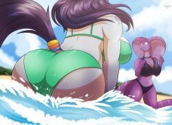 2girls ass back_view beach big_ass big_breasts bikini black_bikini blue_sky cloud day daytime furry green_bikini grey_body hi_res hips horse horse_girl horse_tail kassia_(robthehoopedchipmunk) malina_(robthehoopedchipmunk) purple_body purple_hair robthehoopedchipmunk scalie shocked shocked_expression snake snake_girl snake_tail splash splashing water wide wide_hips