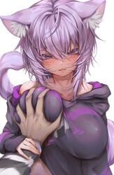 animal_ears blush breasts cat_ears cat_girl cat_tail collarbone female grabbing_another&#039;s_breast groping guided_breast_grab guiding_hand half-closed_eyes highres hololive hood hood_down hoodie large_breasts long_sleeves medium_hair nekomata_okayu purple_eyes purple_hair purple_hoodie simple_background solo tail tooya0923 virtual_youtuber white_background