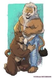 2025 2:3 anthro ape arm_tuft ass balls balls_bulge barazoku beard belly belly_hair biceps blue_background blue_eyes body_hair border bottomwear briefs brown_hair bruteandbrawn bulge canid canine canis chest_hair clothed clothing deltoids denim denim_bottomwear denim_clothing detailed_bulge duo elbow_tuft erection eye_contact facial_hair feet felid forearm_muscles foreskin genital_outline genitals gorilla hair hairy hand_on_belly hand_on_head haplorhine happy_trail hi_res hybrid imminent_fellatio imminent_oral jeans kneeling kneeling_oral_position lion looking_at_another male male/male mammal mane manly mature_male monkey musclegut muscular muscular_arms muscular_legs muscular_thighs navel neck_tuft nipples nude open_bottomwear open_clothing open_jeans open_mouth open_pants pantherine pants pecs penis penis_outline penis_sniffing primate pubes simple_background slightly_chubby sniffing sniffing_crotch standing text tighty_whities topless triceps tuft underwear url vein veiny_penis white_border white_briefs white_clothing white_hair white_underwear wolf wolfmonkey