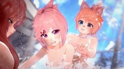 3d 3girls barely_covered blush breasts brown_hair cat_ears cat_tail catgirl covered_breasts doki_doki_literature_club female female_only flower_in_hair freckles freckles_on_breasts freckles_on_chest freckles_on_face freckles_on_shoulders green_eyes grin kemonomimi koikatsu monika_(doki_doki_literature_club) multiple_girls natsuki_(doki_doki_literature_club) necklace nude_female orange_hair pink_eyes pink_hair pool sayori_(doki_doki_literature_club) senpien’t splashing tagme water