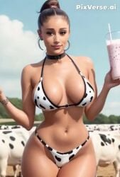 ai_generated ai_generated_video ariana_grande big_breasts bikini bikini_top bottle bouncing_breasts breasts brown_hair celebrity cow_print huge_breasts jiggle jiggling_breasts lactation large_breasts light-skinned_female light_skin milk real_person realistic smile tagme video walking