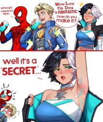 1girls armpit_fetish armpits big_breasts female female_focus guardians_of_the_galaxy luna_snow luna_snow_(marvel_rivals) marvel marvel_rivals neggoartz peter_quill spider-man spider-man_(marvel_rivals) starlord starlord_(marvel_rivals)