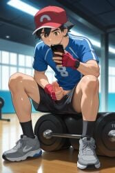 1boy ai_generated ash_ketchum exhibitionism gay gym gym_clothes gym_shirt gym_shorts gym_uniform male male_focus pokemon satoshi_(pokemon) solo solo_focus solo_male yaoi