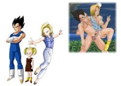 1boy 1girl age_difference android_18 black_hair blonde_hair blue_eyes bodily_fluids bottomless breasts carrying clothing couple dragon_ball dragon_ball_(series) dragon_ball_z erection female footwear genital_fluids grass hair_bobbles hair_ornament hetero husband_and_wife if_they_mated male medium_breasts muscle muscular_male nipples penis saiyan semen sex short_hair socks spread_legs vaginal vegeta