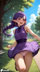 1girls ai_generated cameltoe dress dress_lift earrings esil_radiru happy panties pantyshot park purple_hair running solo_leveling yeswaifu