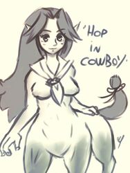 breasts breasts_out centaur centauress cremia drawn ishihara_art ocarina_of_time pointy_ears puffy_nipples taur text the_legend_of_zelda