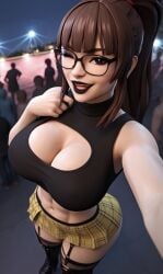 1girls 3d 3d_(artwork) abs ai_generated big_ass big_breasts black_lips black_lipstick black_shirt boob_window brown_hair brown_hair busty cleavage cleavage_cutout crop_top garter_belt garter_straps glasses goth goth_girl grin happy long_hair madz(oc) open_mouth plaid_skirt pleated_skirt ponytail radnsad short_skirt sidelocks smile smiling solo solo_female solo_focus thick_thighs wink winking winking_at_viewer yellow_skirt