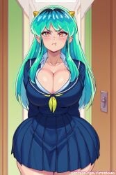 ai_generated big_ass big_breasts cleavage firstbouki huge_ass huge_breasts lum pouting school_uniform shy tagme thick_thighs urusei_yatsura wide_hips