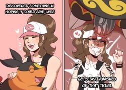 arm_tattoo baseball_cap before_and_after black_vest brown_fur brown_hair closed_eyes cum cum_on_body cum_on_clothes emboar english_text facial female hat heart high_ponytail highres hilda_(pokemon) open_clothes open_mouth open_vest orange_fur penis pink_background pink_hat pokemon pokemon_(creature) pokemon_bw pokephilia ponytail queen_of_horseshoes queen_of_pokemon_symbol speech_bubble tank_top tattoo tepig two-tone_fur two-tone_hat veins veiny_penis vest white_hat white_tank_top wingedwasabi zoophilia