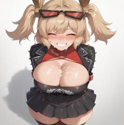 ai_generated bare_thighs blonde_hair blush burnice_white closed_eyes cum cum_on_breasts cum_on_face gigantic_breasts glasses_on_head huge_breasts huge_thighs light-skinned_female light_skin massive_breasts miniskirt smiling smogai solo_female squatting stockings sweat sweatdrop thick_body thick_female thick_thighs thighs twintails voluptuous voluptuous_female zenless_zone_zero